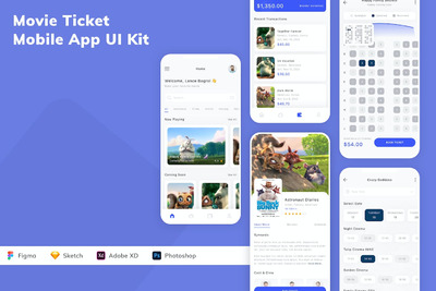 电影票移动应用 App UI Kit (FIG,PSD,SKETCH,XD)