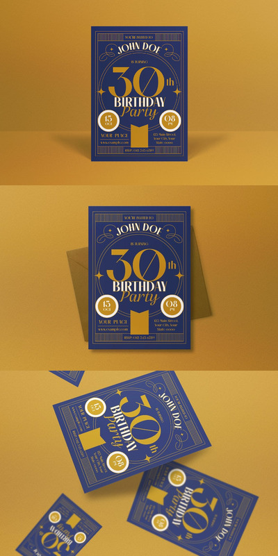 蓝色装饰艺术生日请柬海报模板 (AI,PSD)