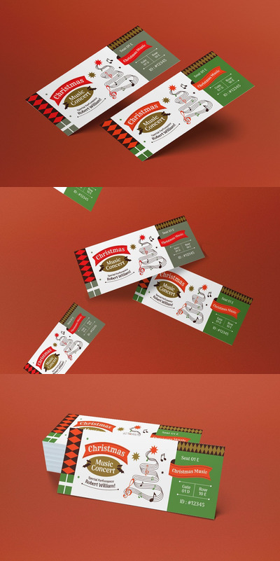 红色平面设计圣诞音乐会门票模板 (AI,PSD)