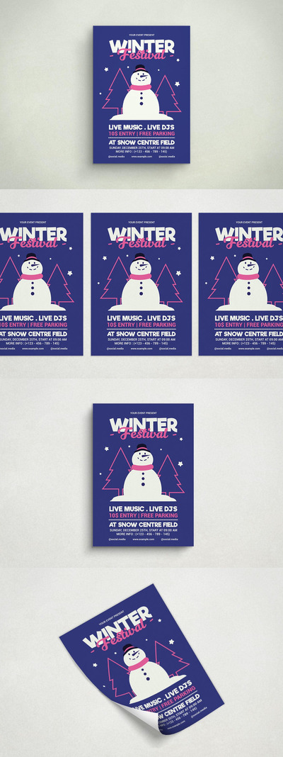 冬季雪人音乐派对海报模板 (AI,PSD)
