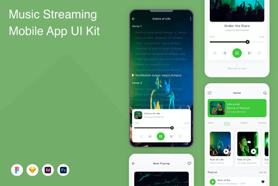 音乐流媒体移动应用APP UI KIT (FIG,PSD,SKETCH,XD)