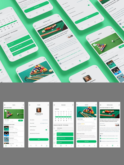 台球游戏和台球在线课堂应用程序和Ui工具包 (FIG,PSD,SKETCH,XD)