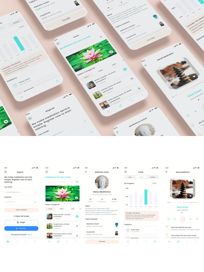 冥想、正念健康和放松音乐应用程序 (FIG,PSD,SKETCH,XD)
