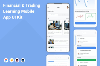 金融和贸易学习移动应用APP UI KIT (FIG,PSD,SKETCH,XD)