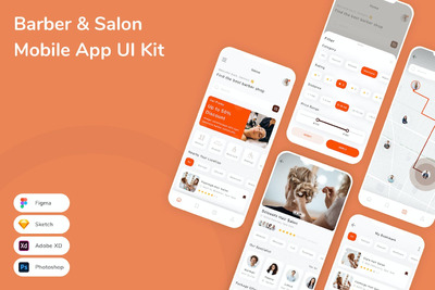 理发和沙龙移动应用APP UI KIT (FIG,PSD,SKETCH,XD)