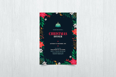 花叶框架圣诞晚餐派对邀请海报 (PSD)