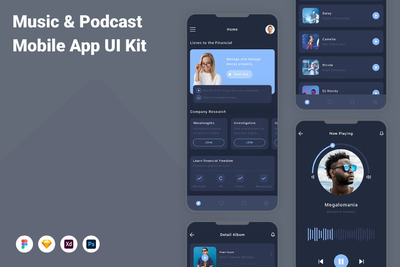 音乐和播客移动应用APP UI KIT (FIG,SKETCH,XD,PSD)