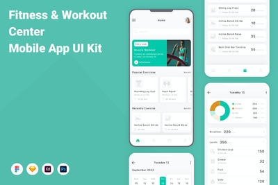 健身和锻炼中心移动应用APP UI KIT (FIG,PSD,SKETCH,XD)
