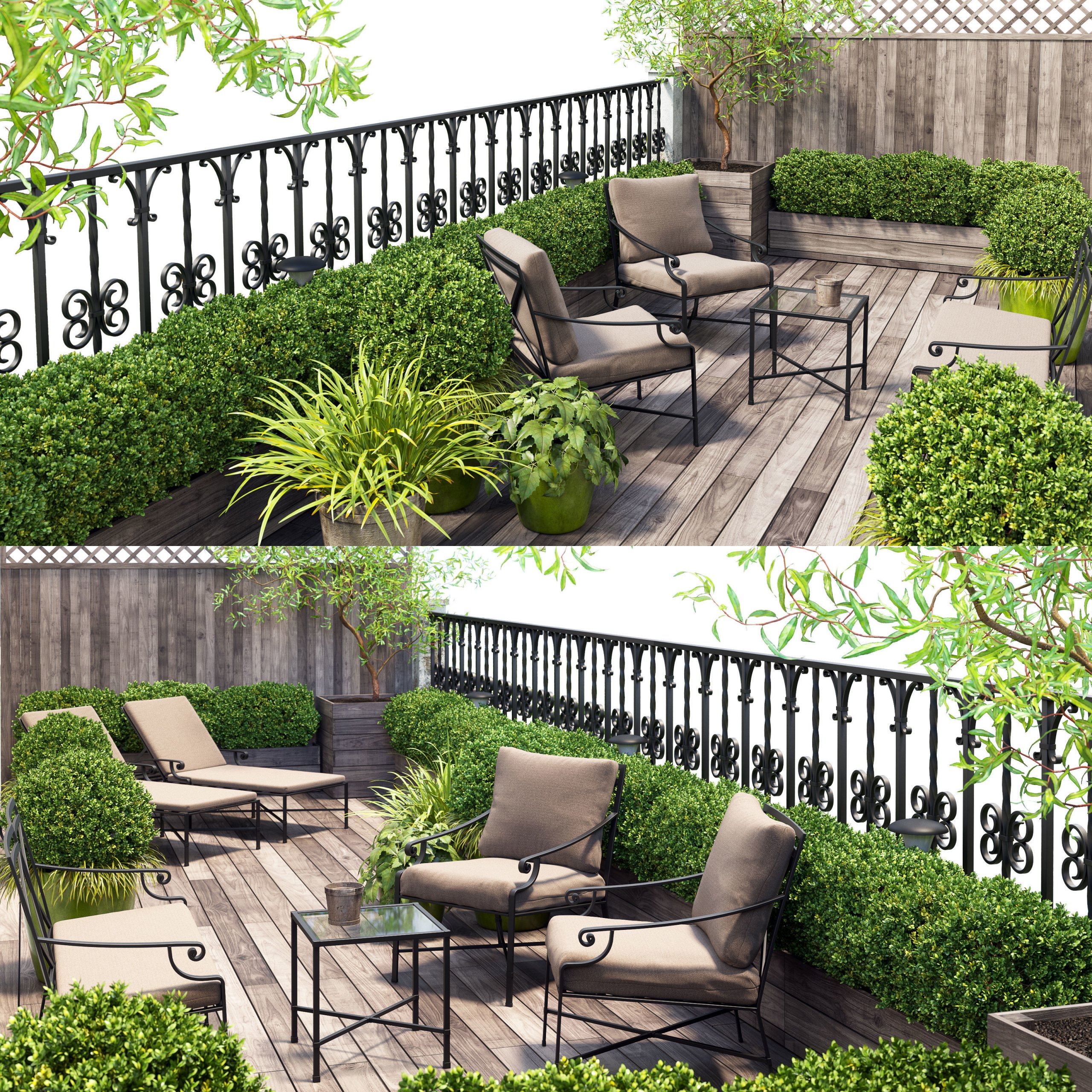 包含绿植和户外家具的阳台景观 阳台休闲区3D模型（FBX,MAX）