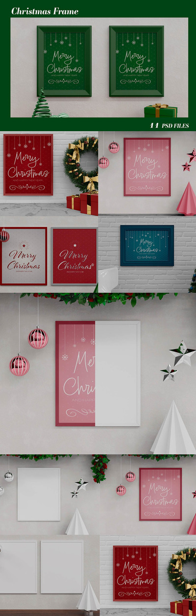 圣诞节日装饰画框框架样机 (PSD)