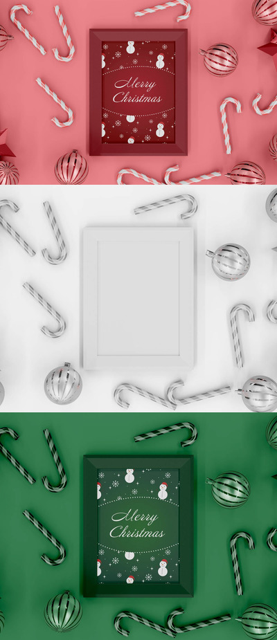 粉色圣诞装饰画框相框样机模板 (PSD)