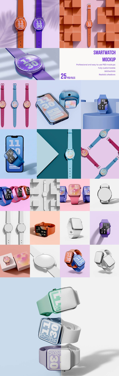 多种款式智能手表屏幕样机 (PSD)