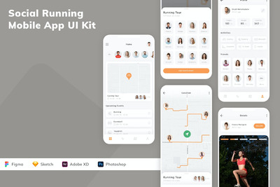 社交跑步移动应用  APP UI KIT (FIG,PSD,SKETCH,XD)