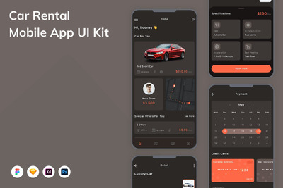 租车移动应用  APP UI KIT (FIG,PSD,SKETCH,XD)