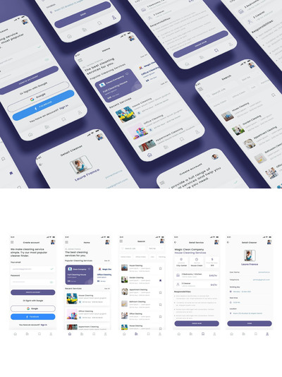 洗衣、家务、洗衣和清洁服务应用  APP UI KIT (AI,EPS,FIG,PSD,SKETCH,SVG,XD)