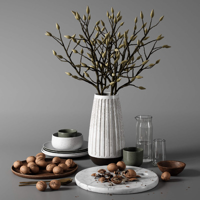 包含盘碗 核桃 和玉兰花苞的厨房装饰组合3D模型（OBJ,FBX,MAX）