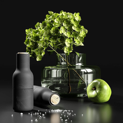 包含玻璃瓶中的绣球花束和青苹果的装饰组合3D模型（OBJ,FBX,MAX）
