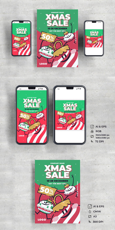 卡通圣诞球冬季活动海报模板 (AI,EPS)