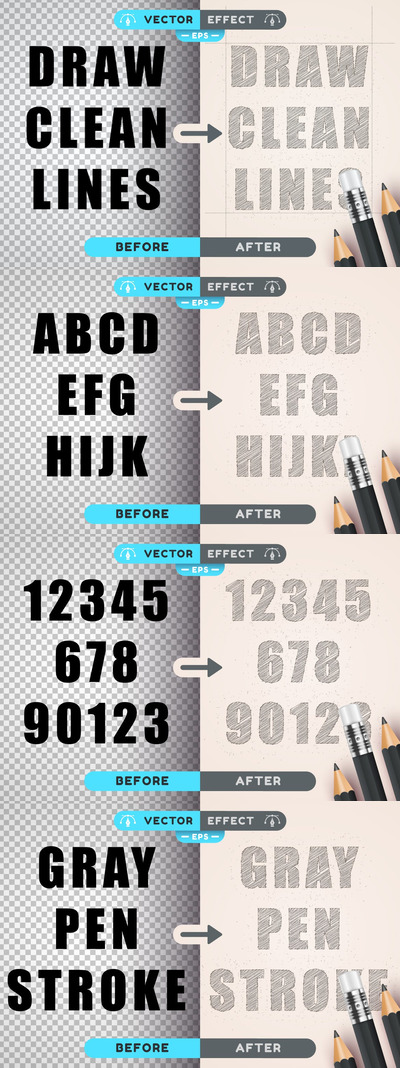 铅笔绘图-可编辑文本效果，字体样式 (AI,EPS)