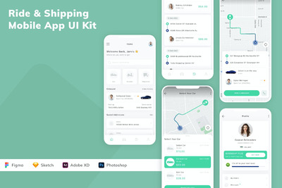 骑乘和运输移动应用APP UI KIT (FIG,PSD,SKETCH,XD)