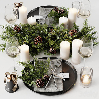 包含蜡烛 松果 绿树枝 高脚杯的圣诞节装饰组合3D模型（FBX,MAX）