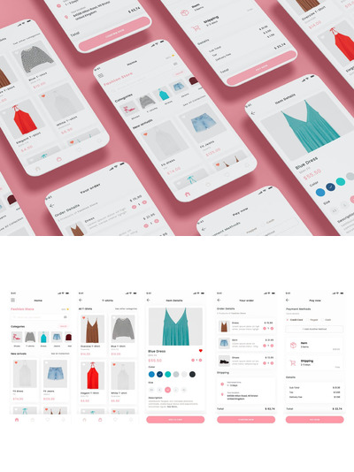 时尚电子商务、服装店和T恤店应用APP UI KIT (AI,EPS,FIG,PSD,SKETCH,SVG,XD)