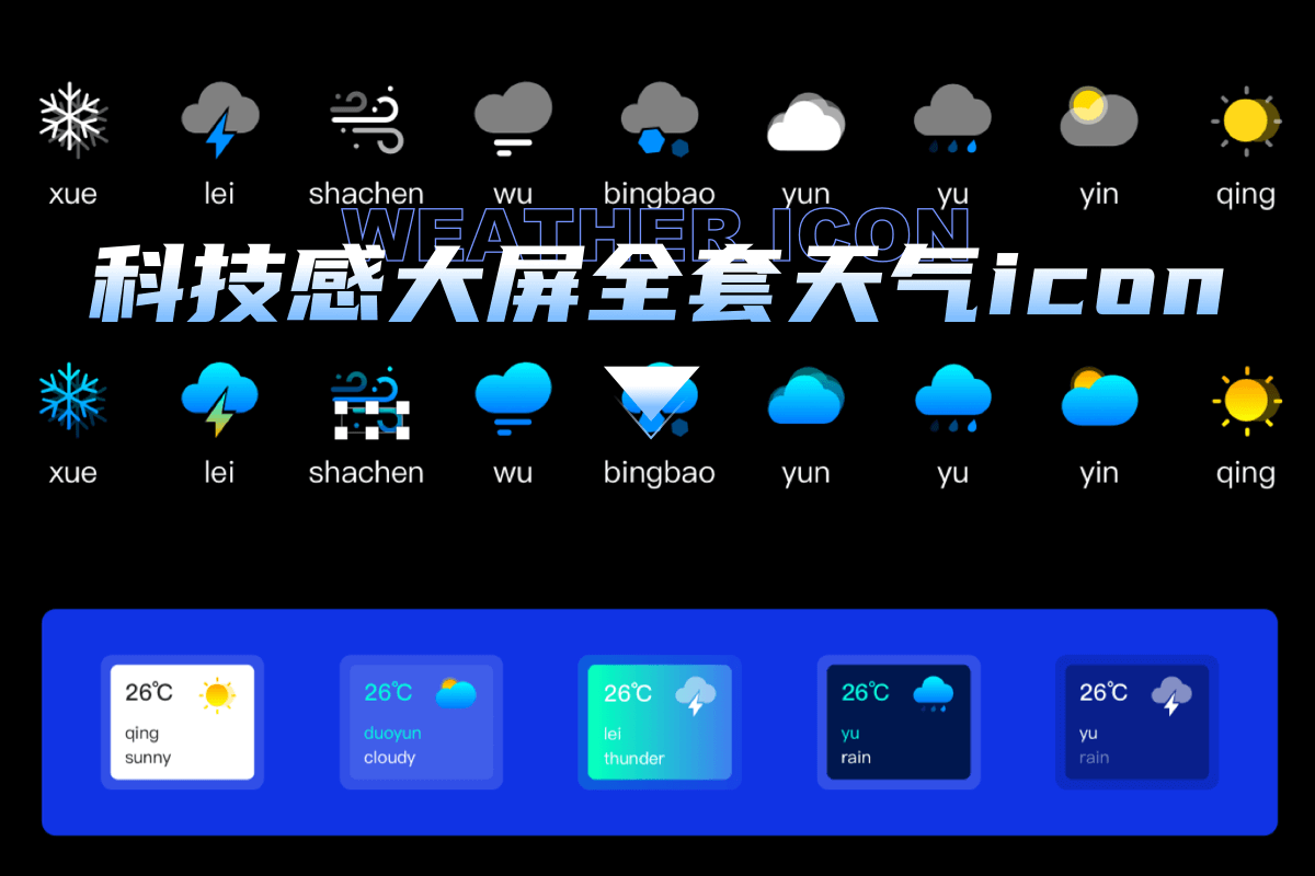 大屏可视化天气系统，科技感天气图标