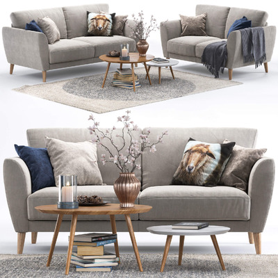 Pohjanmaan Aria双人布艺沙发和茶几 花束 书籍 地毯等组合3D模型（OBJ,MAX）