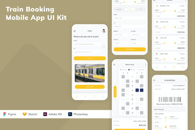 火车预订移动应用 APP UI KIT (FIG,PSD,SKETCH,XD)