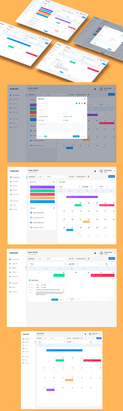日历仪表板和计划任务事件CMS应用程序 (FIG,SKETCH,PSD,XD)