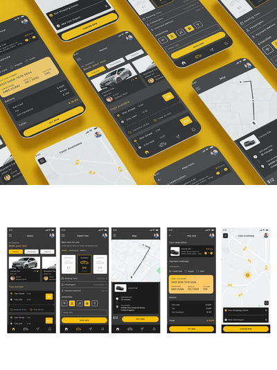 出租车预订服务和骑乘司机黑色应用APP UI KIT (FIG,PSD,SKETCH,XD)