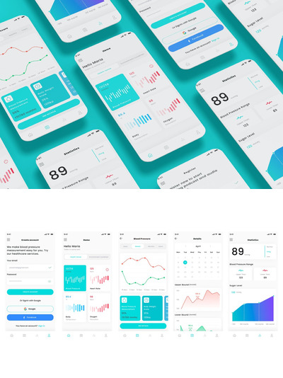 血压测量和保健测试应用APP UI KIT (FIG,PSD,SKETCH,XD)