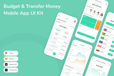 预算和转账移动应用App UI Kit (FIG,PSD,SKETCH,XD)