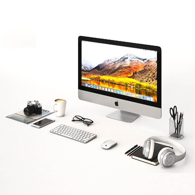 包含Imac 相机 耳机 文具和咖啡的工作桌面 工作场景3D模型（OBJ,MAX）