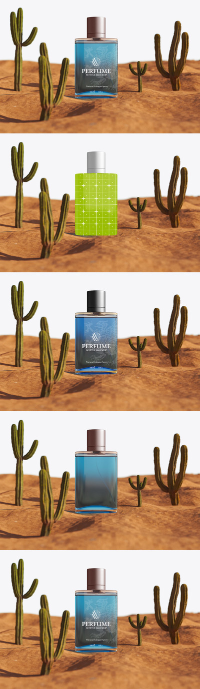 透明玻璃香水瓶场景样机 (PSD)