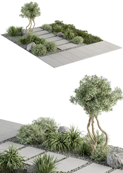 包含绿植和石板路的户外景观3D模型（OBJ,MAX）