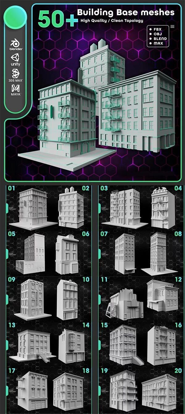 50 个房子建筑基础3D模型下载（3DMX,FBX,BLEND）
