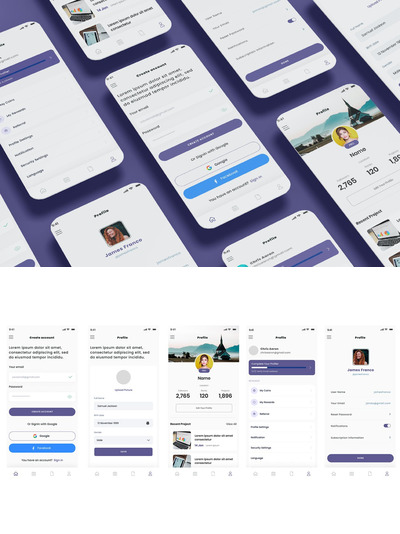 用户配置文件和登录帐户屏幕移动应用APP UI KIT (FIG,SKETCH,PSD,XD)