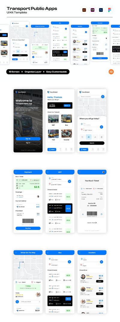 公共交通应用APP UI KIT (AI,FIG,PSD,XD)