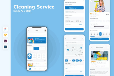 清洁服务移动应用APP UI KIT (FIG,PSD,SKETCH,XD)