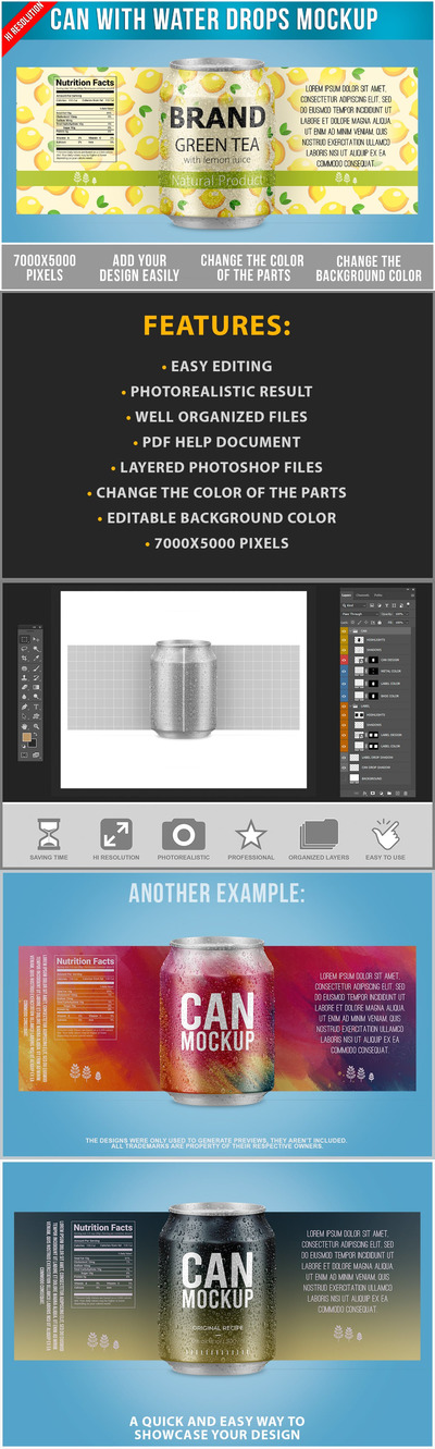 带水滴的250ml易拉罐瓶身设计样机模板 (PSD)