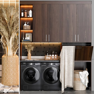 包含三星洗衣机 清洁用品 毛巾和干花束的洗衣房3D模型（OBJ,MAX）