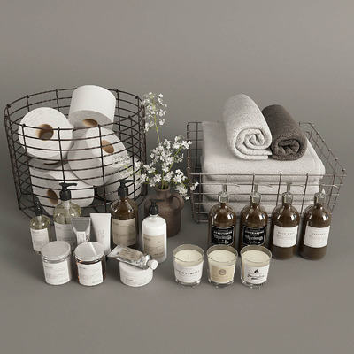 包含卷纸 洗浴用品 蜡烛香氛 毛巾和小白花束的浴室装饰组合3D模型（OBJ,FBX,MAX）