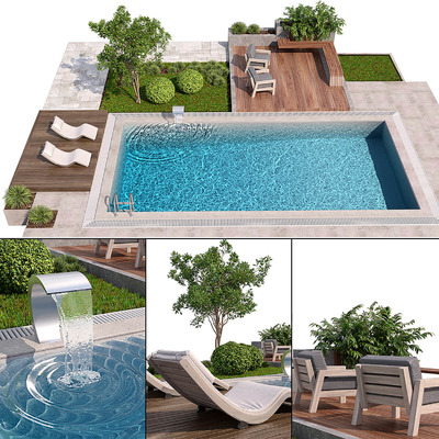 带绿植景观和躺椅的室外游泳池3D模型（OBJ,MAX）