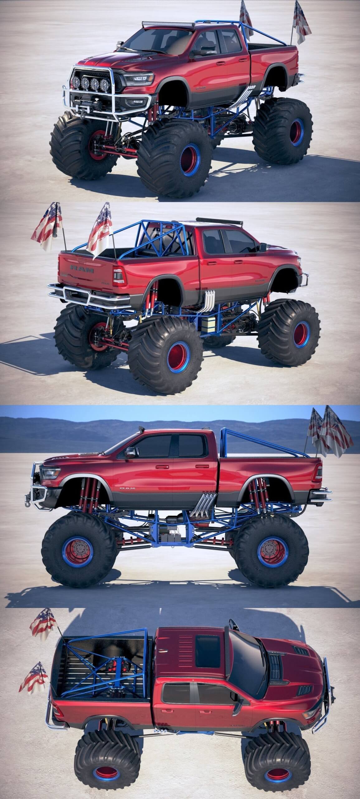 2019道奇Dodge RAM 1500 Rebel大脚车 巨轮车3D模型（OBJ,FBX,MAX）