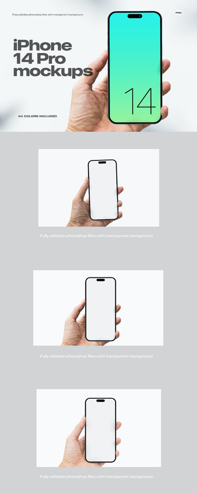 手拿iPhone14手机正视图样机模板 (PSD)