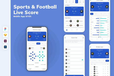 体育和足球实时比分移动应用APP UI KIT (SKETCH,FIG,XD,PSD)