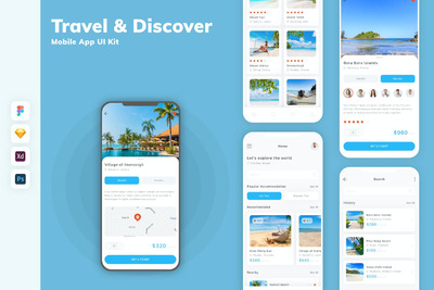 旅行和探索移动应用APP UI KIT (SKETCH,FIG,XD,PSD)