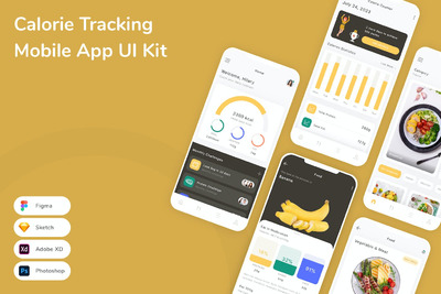 卡路里追踪移动应用程序UI套件 (FIG,PSD,SKETCH,XD)