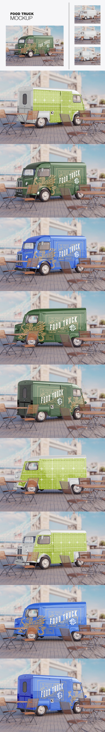 老式食品卡车广告场景样机 (PSD)